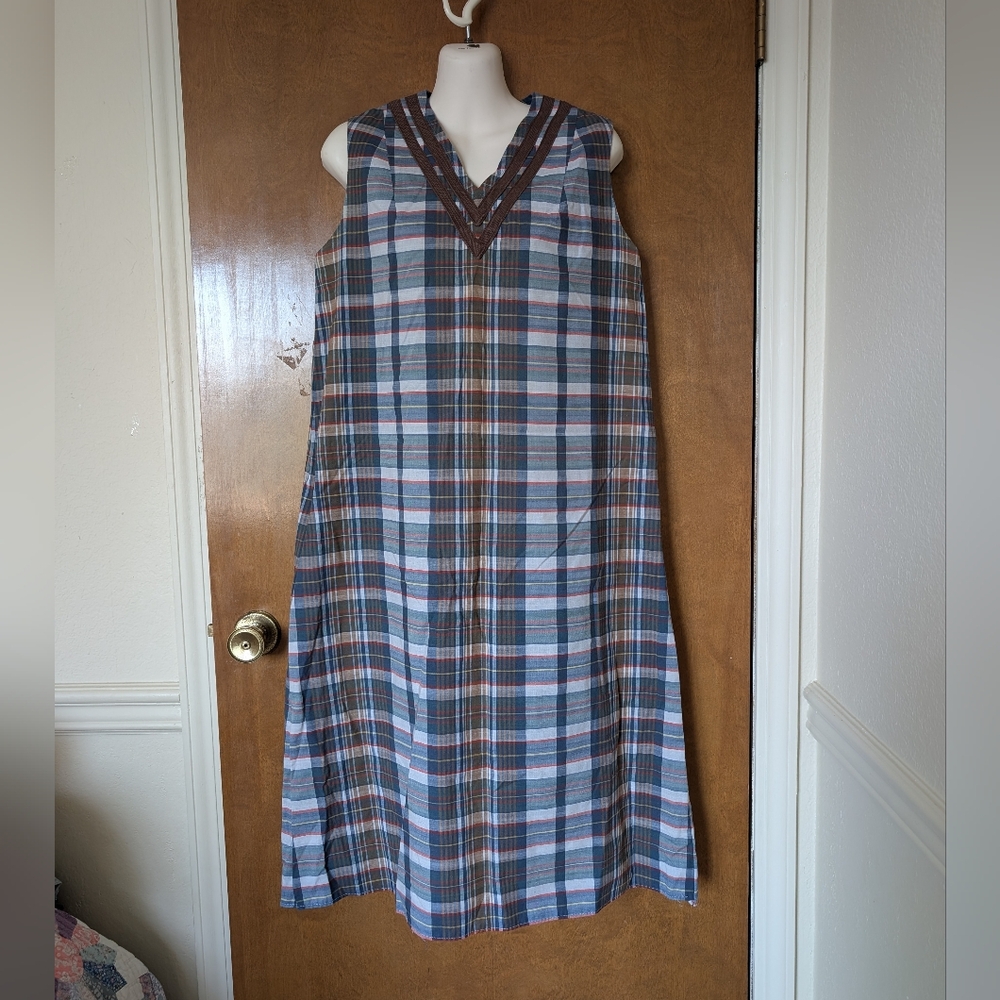Vintage 80s Blue Brown White Red Plaid Handmade Sleeveless Shift Dress